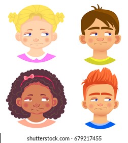 Set of girls and boy character. Children emotions. Facial expression. Set of emoticons. Flat vector illustration. Depression