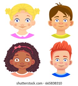 Set of girls and boy character. Human emotions. Facial expression. Set of emoticons. Flat vector illustration.