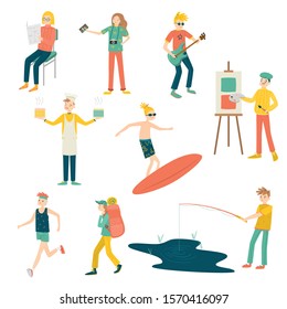 Set of girls and boys doing their hobbies vector illustration