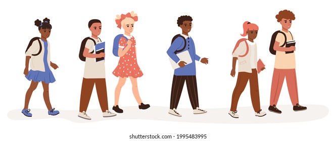 Set of girls and boys going to school. Children with backpacks and textbooks flat vector illustration on isolated background