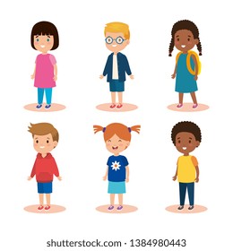 set girls and boys with hairstyle and casual clothes