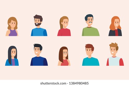 set girls and boys head with hairstyle and casual clothes