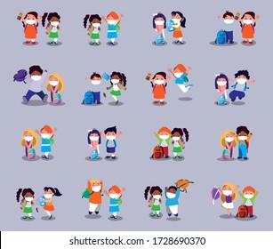 Set of girls and boys kids cartoons with masks and school bags design of Covid 19 virus theme Vector illustration