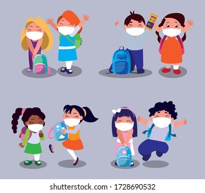 Set of girls and boys kids cartoons with masks and school bags design of Covid 19 virus theme Vector illustration