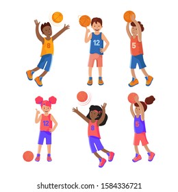 Set of girls and boys plays basketball. Basketball player. Child playing with a ball. Colorful cartoon illustration in flat vector. Sports team games. Lifestyle. Games with the ball. Sports team