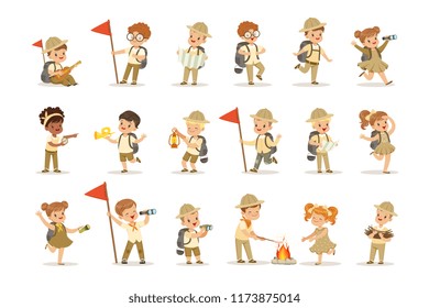 Set of girls and boys in scout costumes