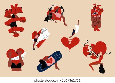 Set of  girls with a broken heart. Anti Valentine's day concept.