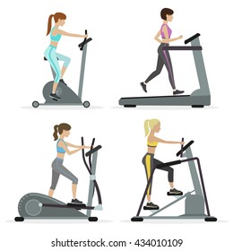 Set of girls with cardio equipments working out at the gym. Physical training for losing weight, reduction in fat mass. Vector.