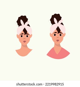 set of girls with care products. beautiful girl takes care of herself. girl makes a face mask. self care.vector illustration of cute girls skin care icons