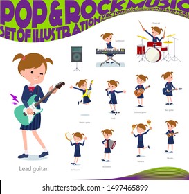 A set of girls carrying school bag playing rock 'n' roll and pop music.There are also various instruments such as ukulele and tambourine.It's vector art so it's easy to edit.