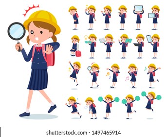 A set of girls carrying school bag with digital equipment such as smartphones.There are actions that express emotions.It's vector art so it's easy to edit.
