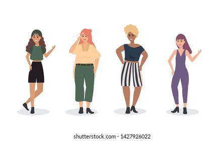 set of girls with casual clothes and hairstyle