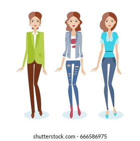 Set of girls in casual clothes, in a suit, jeans, a blouse, various poses and situations. Vector illustration in cartoon style, isolated on white background.