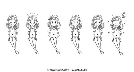 Set girls character. Blogging concept vector illustration. Work for laptop learning. Use for article, blogs and website. Manga comics style. The big idea.