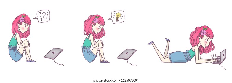 Set girls character. Vector illustration. Work for laptop learning. The big idea. Use for article, blogs and website. Manga comics style. Correspondence with friends