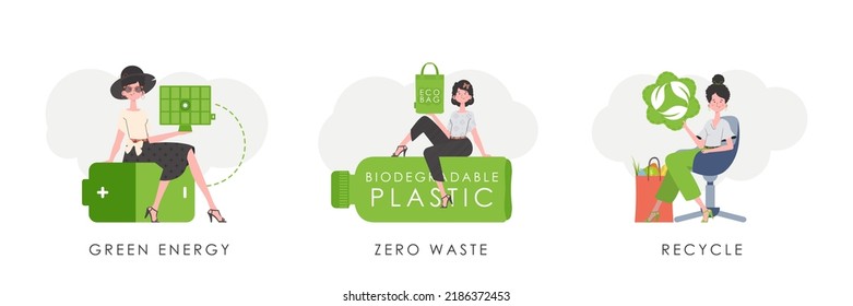 Personajes femeninos sobre el tema de la ecología. Estilo de caricatura. Vector.