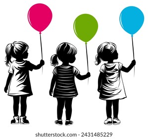 set girls child holding balloon back view monochrome design vector illustration