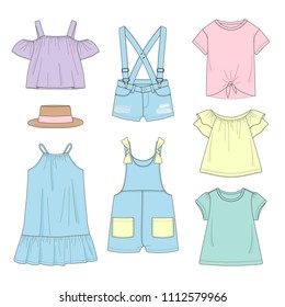 Set of girl's clothing. Summer. Vector illustration. 