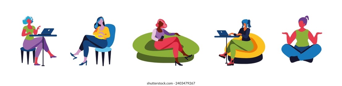 Set of girls in comfortable chairs. Distant work. Bright vector illustration.