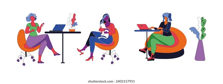 Set of girls in a comfortable workplace. Distant work. Bright vector illustration.