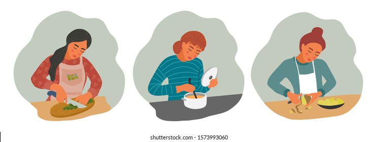 Set of the girls is cooking. Young womans with pan, knife and ladle. Vector flat cute illustration