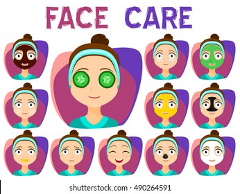 Set of girls with cosmetic mask, cleaning and care face. 