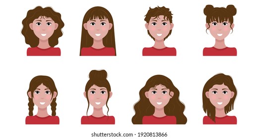 Set of girls with different brown hairstyles. Vector illustration. White background. 