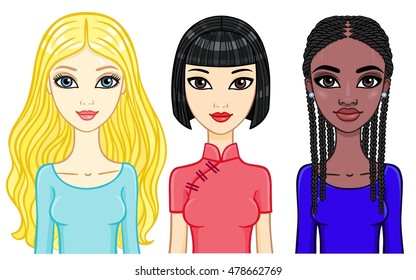 Set of girls of different ethnicities and cultures. Vector illustration isolated on a white background.