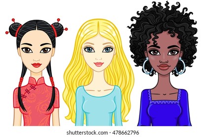 Set of girls of different ethnicities. Vector illustration isolated on a white background. 