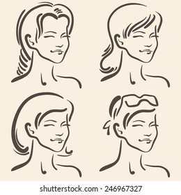 Set with girls with different hairstyles. Beauty salon.