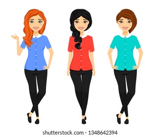 Set, girls with different hairstyles and different hair color. In different poses. Office work. Business and Finance. Flat style on white background. Cartoon.