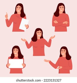 A set of girls with different hand gestures and emotions, poses. A woman with crossed arms, a poster, points with her finger. Vector graphics.