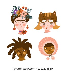 Set of girls of different nationalities. Cute and funny characters. Collection of avatars for web social networks or blogs. Vector illustration.