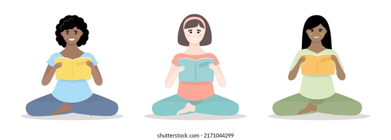 Set of girls of different nationalities read a book in the lotus position. Flat style. Vector illustration 