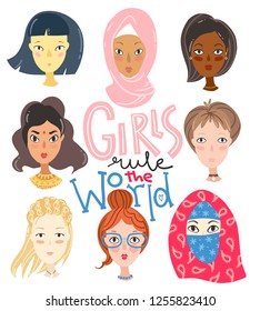 Set of girls of different nationalities and religions. Portraits of characters. Collection of avatars for web social networks or blogs. Vector illustration.