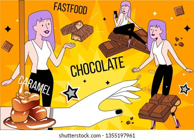 set of girls in different poses and chocolates