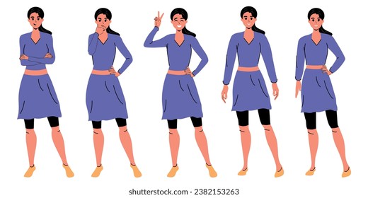 Set of girls with different poses in modern trendy flat style. Isolated. White background. Emotions clothes. Smile, thoughtfulness, grin, joy.Character. Vector stock illustration. Person 