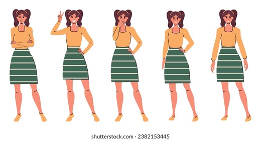 Set of girls with different poses in modern trendy flat style. White background. Emotions Character. Vector stock illustration. Isolated. Blouse and skirt. Cloth.
