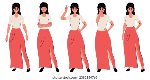 Set of girls with different poses in modern trendy flat style. Cloth. White background. Emotions Character.  Vector stock illustration. Isolated.