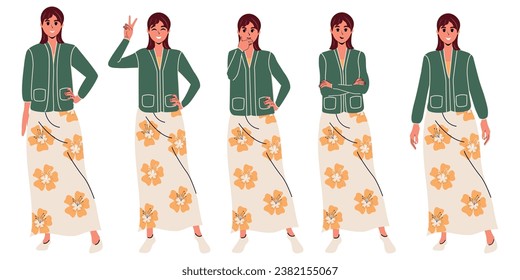 Set of girls with different poses in modern trendy flat style.Blouse and skirt. Cloth. White background. Emotions Character. Vector stock illustration. Isolated. 