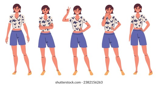 Set of girls with different poses in modern trendy flat style. White background. Emotions Character. Vector stock illustration. Isolated. Shirt with ornament. Cloth.