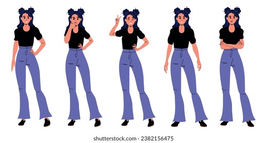 Set of girls with different poses in modern trendy flat style. White background. Emotions Character. Vector stock illustration. Isolated. Beautiful clothes.