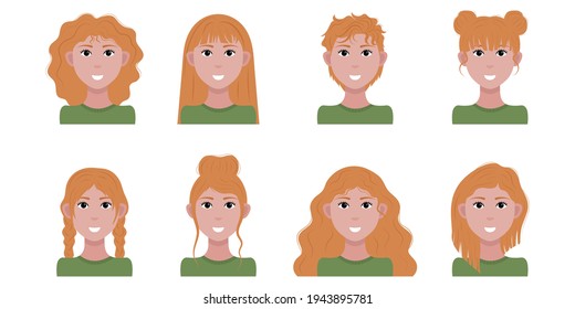 Set of girls with different red hairstyles. Vector illustration. White background.