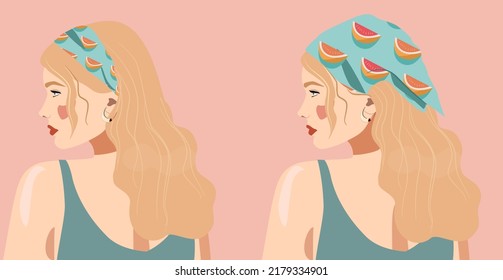 A set of girls with different style hats. Bandana, scarves, headbands. Vector illustration of a blonde in a blue handkerchief with a fruit-shaped parterre