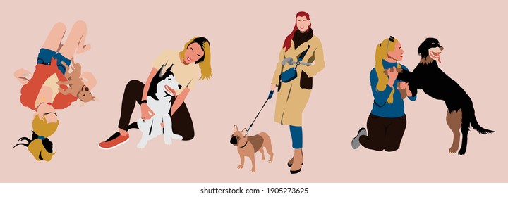 Set of Girls with dogs. Girl laying down with a puppy. Girl petting Siberian Husky. Girl walking with French Bulldog. Girl playing with Spaniel dog