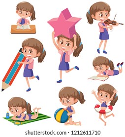 Set of girls doing activitys illustration