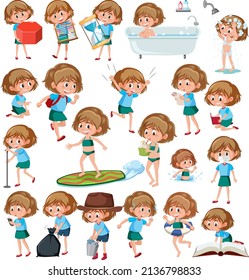 Set of girls doing activitys on white  background illustration