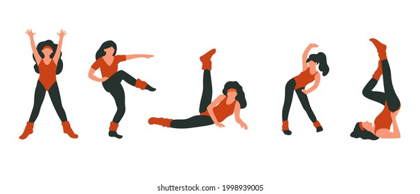 Set Of Girls Doing Aerobic,workout,fitness,exercises. Trendy 80s Years Sport Outfit. Old Fashion Sport Clothes. Hand Drawn Vector Illustration.All Elements Are Isolated On White Background.