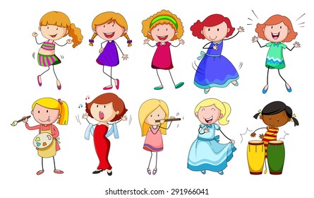 Set of girls doing different activities on a white background