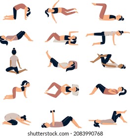 Set of girls doing exercises at pelvic physiotherapy. Vector illustrations of reabilitation poses